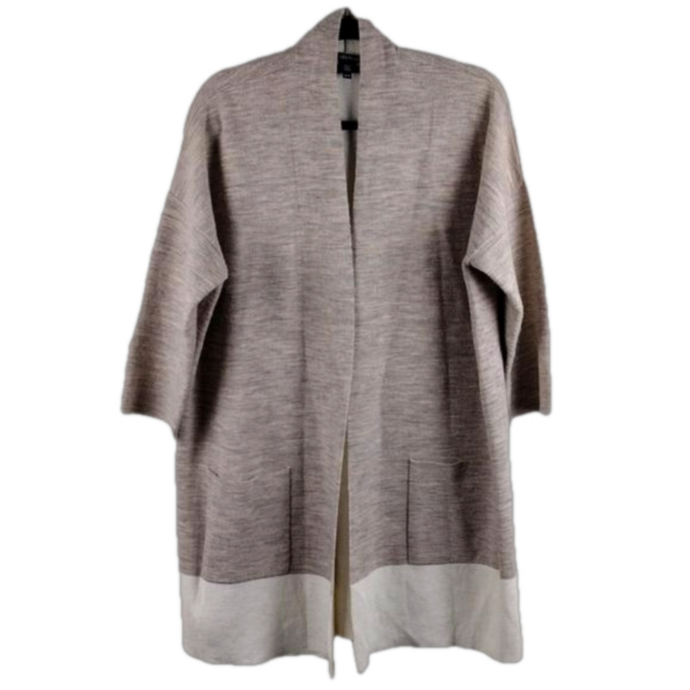 Eileen Fisher Wool Blend Natural Marbled Shawl Collar Long Open Front Cardigan - Picture 14 of 14